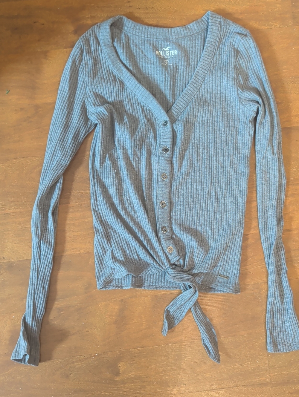Hollister Ribbed V-Neck Button-Front Tie Hem Sweater